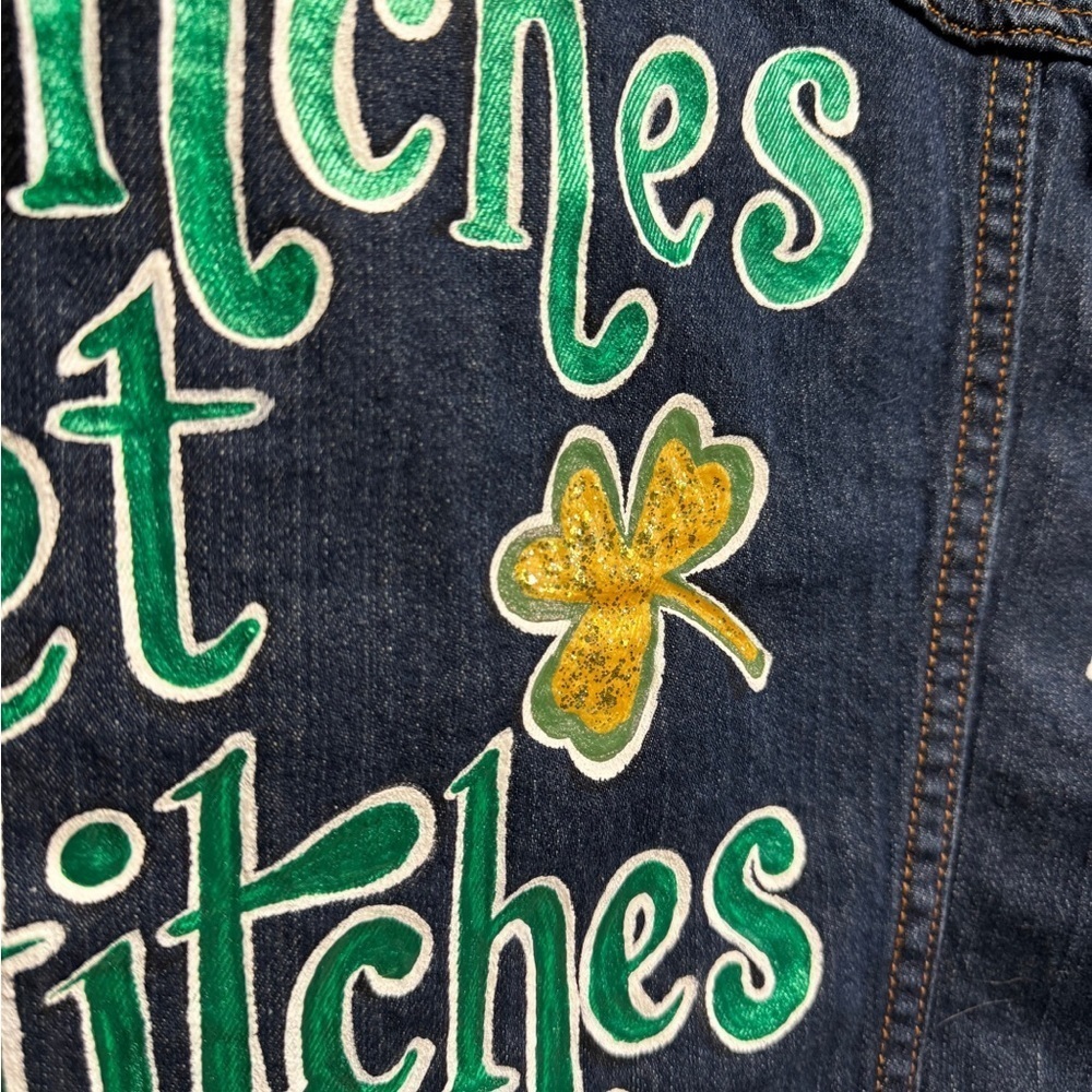 Hand Painted Jean Jacket: “Pinches Get Stitches”, St Patrick’s Day, Ladies XL - Picture 13 of 13